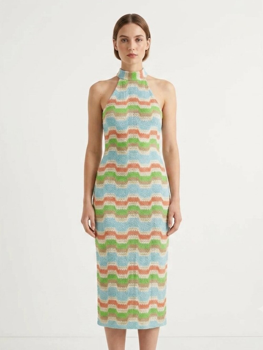DONNA MORGAN Colourful Crochet Knit Mock Neck Fitted Midi Dress - Size 0